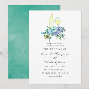 Munt en Blauwe Waterverf Floral Wedding Uitnodigin Kaart