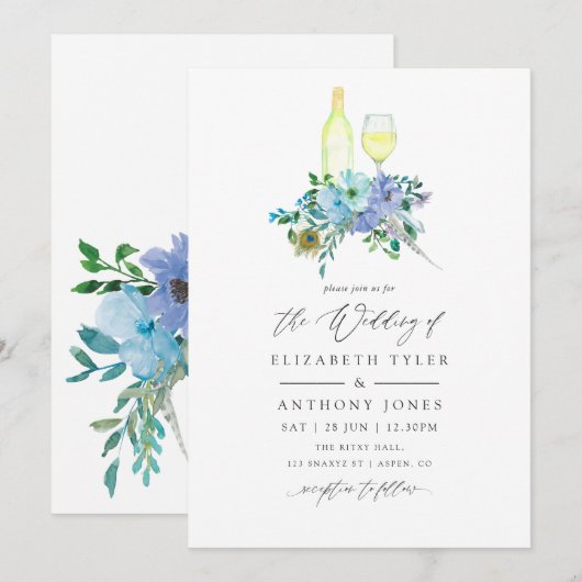 Munt en Blauwe Waterverf Floral Wedding Uitnodigin Kaart (Voorkant / Achterkant)