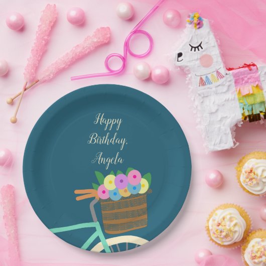 Munt en Blauwgroen Kringloopmand met Bloemen Papieren Bordje (Feest)