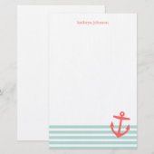 Munt en Coral Nautical Stripes Schattige Anker Briefpapier (Voorkant / Achterkant)