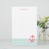 Munt en Coral Nautical Stripes Schattige Anker Briefpapier (Staand voorkant)