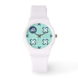 Munt en Donkerblauw Verweven Bloempatroon Horloge