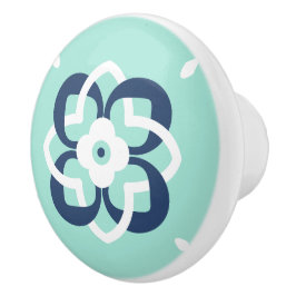 Munt en Donkerblauw Verweven Bloempatroon Keramische Knop