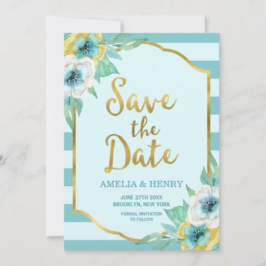 Munt en Faux Gold Floral Save the Date Kaart (Voorkant)