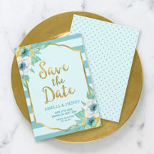 Munt en Faux Gold Floral Save the Date Kaart