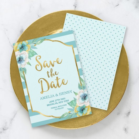 Munt en Faux Gold Floral Save the Date Kaart