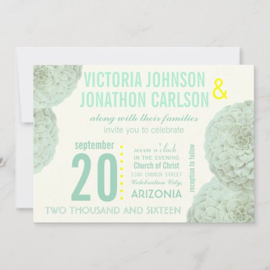 Munt en Geel Succulent Modern Wedding Kaart (Voorkant)