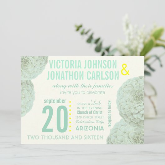Munt en Geel Succulent Modern Wedding Kaart (Staand voorkant)