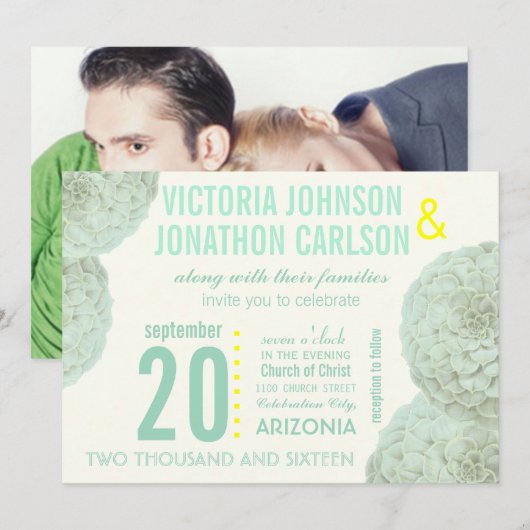 Munt en Geel Succulent Modern Wedding Kaart (Voorkant / Achterkant)