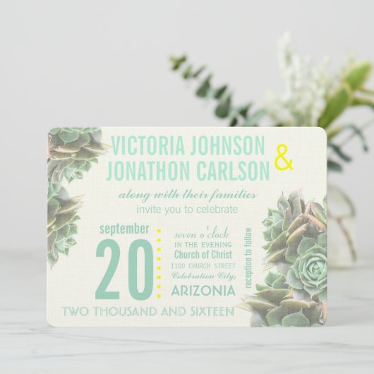 Munt en Geel Succulent Modern Wedding Kaart (Staand voorkant)