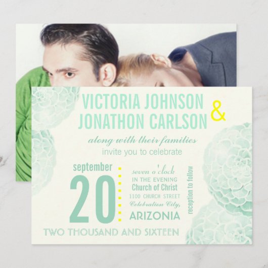 Munt en Geel Succulent Modern Wedding Kaart (Voorkant / Achterkant)