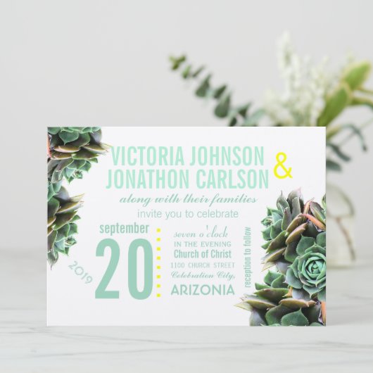 Munt en Geel Succulent Modern Wedding Kaart (Staand voorkant)