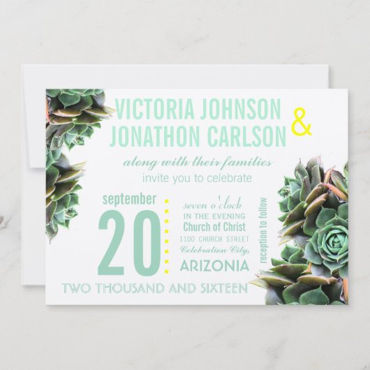 Munt en Geel Succulent Modern Wedding Kaart (Voorkant)
