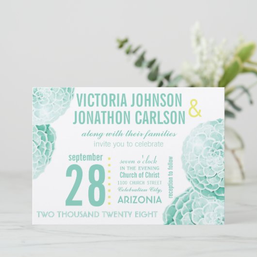 Munt en Geel Succulent Modern Wedding Kaart (Staand voorkant)