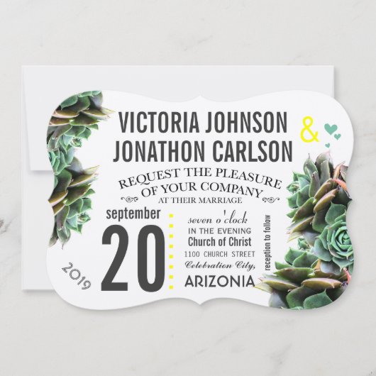 Munt en Geel Succulent Modern Wedding Kaart (Voorkant)