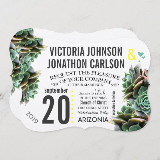 Munt en Geel Succulent Modern Wedding Kaart (Voorkant / Achterkant)