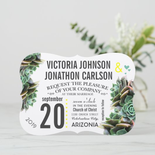 Munt en Geel Succulent Modern Wedding Kaart (Staand voorkant)