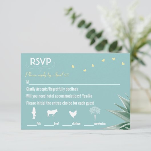 Munt en Geel Succulent Wedding RSVP Kaartje (Staand voorkant)