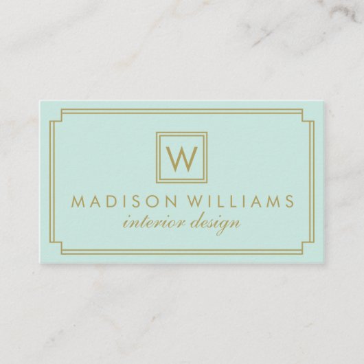 Munt en goud Art Deco Monogram Visitekaartje (Voorkant)