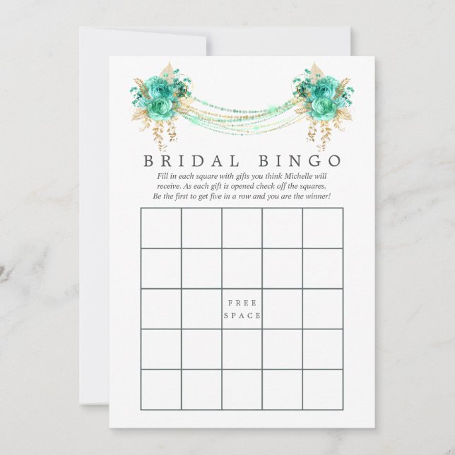 Munt en Goud Bloemen String Lights Bruids Bingo (Voorkant)