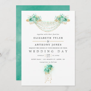 Munt en Goud Bloemen String Lights Bruiloft uitnod Kaart