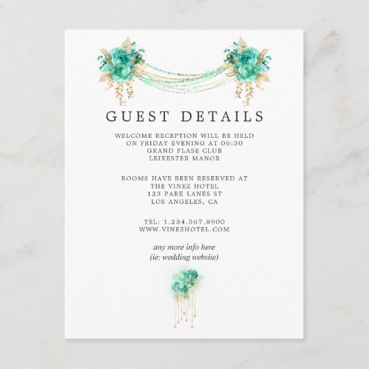 Munt en Goud Bloemenlichten Bruiloft Gast Details Informatiekaartje (Voorkant)