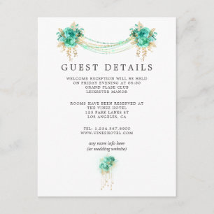 Munt en Goud Bloemenlichten Bruiloft Gast Details Informatiekaartje