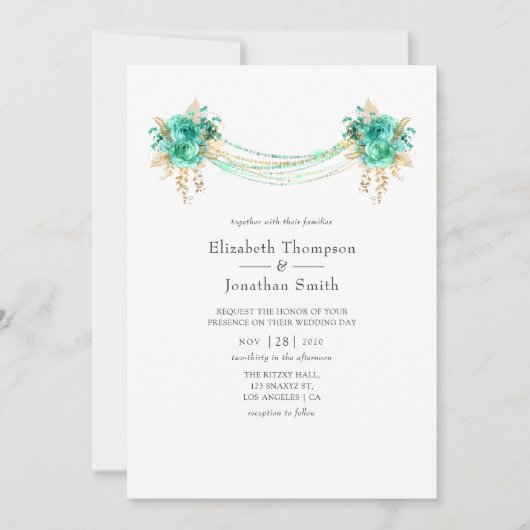 Munt en Goud Bloemenlichten Bruiloft Kaart (Voorkant)