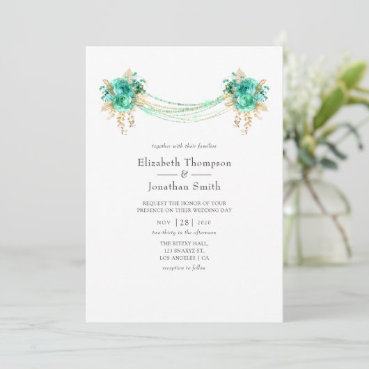 Munt en Goud Bloemenlichten Bruiloft Kaart (Staand voorkant)