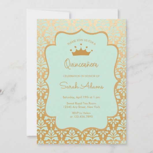 Munt en goud Damask Glam Modern Quinceanera Kaart (Voorkant)