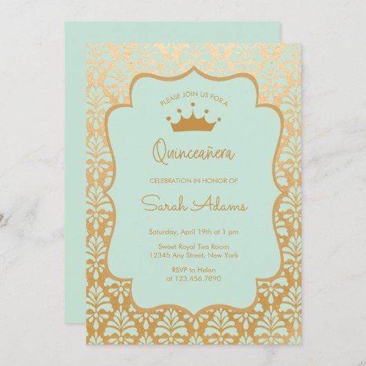 Munt en goud Damask Glam Modern Quinceanera Kaart (Voorkant / Achterkant)