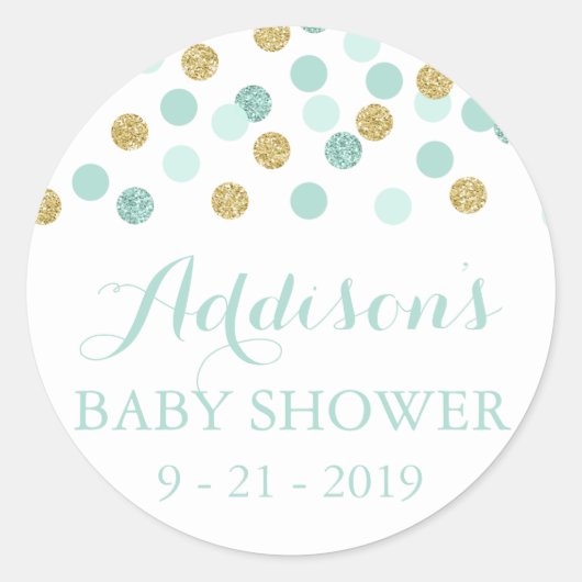 Munt en Goud Glitter Baby shower Circle Stickers (Voorkant)