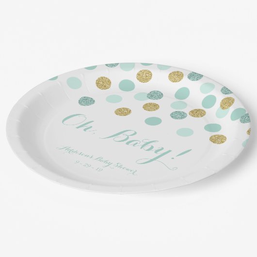 Munt en Goud Glitter Baby shower Papier Borden Papieren Bordje (Gekanteld)