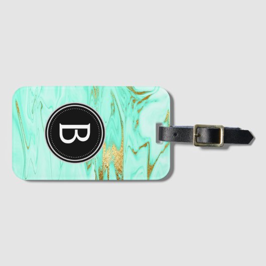 Munt en Goud Marmer Monogram Bagagetas Label Bagagelabel (Voorkant (horizontaal))