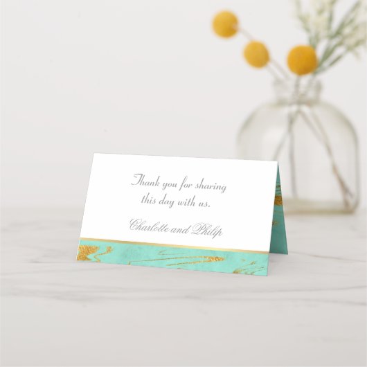 Munt en goud marmeren patroon bruiloft plaatskaartje (Achterkant)