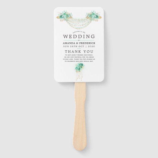 Munt- en gouden bloemenslingerlichten Huwelijkspro Handwaaier (Voorkant)