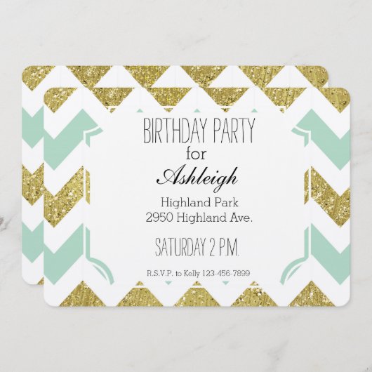 Munt en Gouden Faux Glitter Chevron verjaardag Kaart (Voorkant / Achterkant)