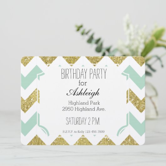 Munt en Gouden Faux Glitter Chevron verjaardag Kaart (Staand voorkant)