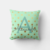 Munt en goudfolie Polka Dots Monogram Naam Kussen (Voorkant)