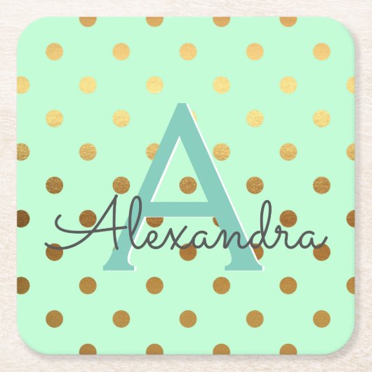 Munt en goudfolie Polka Dots Monogram Verjaardag Kartonnen Onderzetters (Voorkant)
