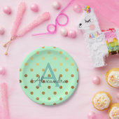 Munt en goudfolie Polka Dots Monogram Verjaardag Papieren Bordje (Feest)