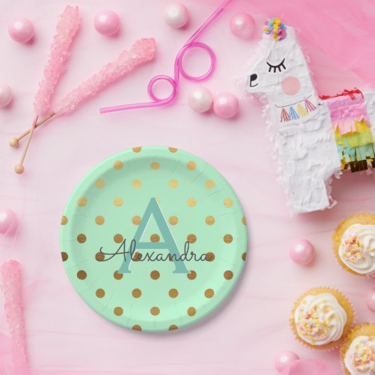 Munt en goudfolie Polka Dots Monogram Verjaardag Papieren Bordje (Feest)