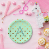 Munt en goudfolie Polka Dots Monogram Verjaardag Papieren Bordje (Feest)