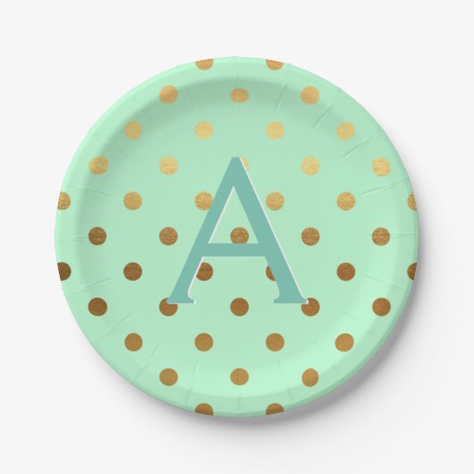 Munt en goudfolie Polka Dots Monogram Verjaardag Papieren Bordje (Voorkant)