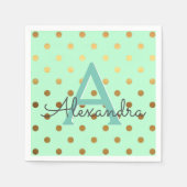 Munt en goudfolie Polka Dots Monogram Verjaardag Servetten (Voorkant)