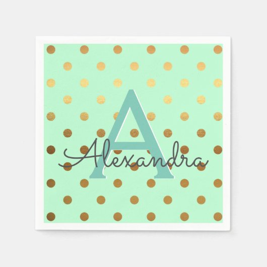 Munt en goudfolie Polka Dots Monogram Verjaardag Servetten (Voorkant)