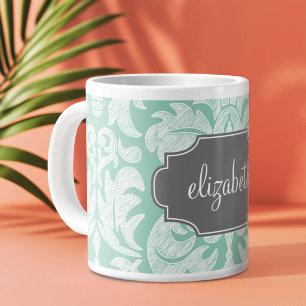 Munt en grijs damastpatroon met eigen naam grote koffiekop