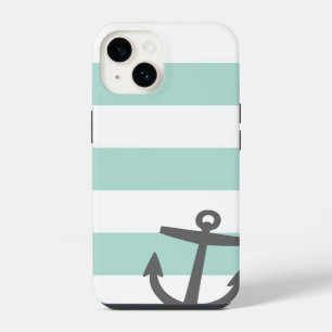 Munt en grijs maritieme strepen en anker iPhone 14 hoesje