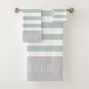 Munt en Grijze Strepen Monogram Bewerkbare kleur Bad Handdoek