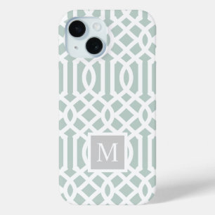 Munt- en grijze traliewerkmonogram Bewerkbare kl iPhone 15 Case